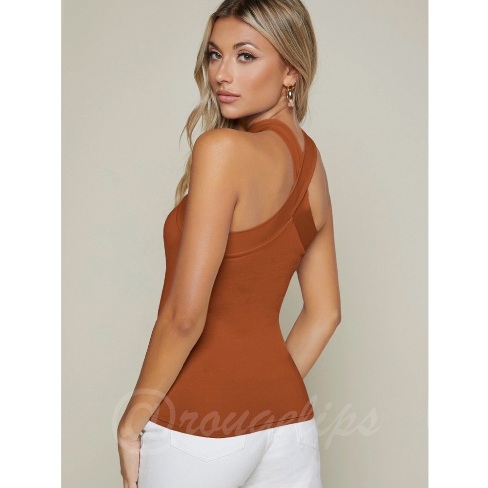 Rust Brown Halter Tank Top Criss Cross Slim Fit - Picture 5 of 7